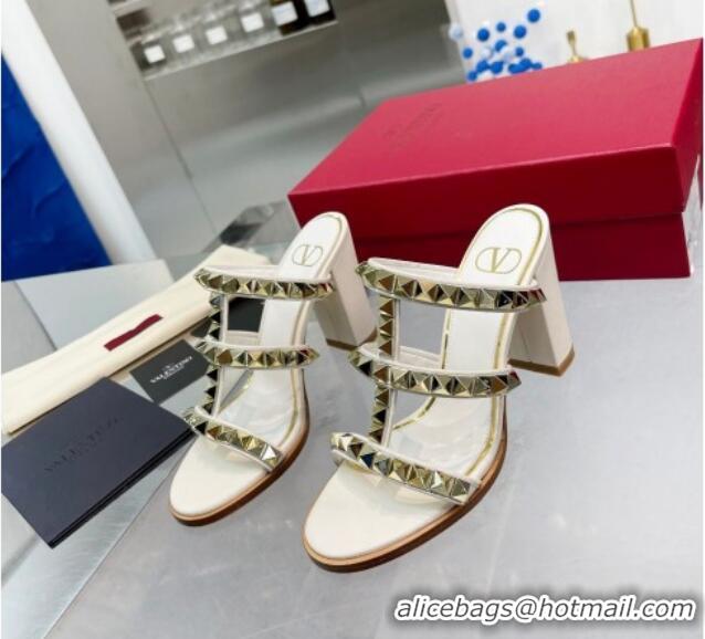 Sumptuous Valentino Lambskin Rockstud No Limit Slide Sandals 90MM Heel White 0824073