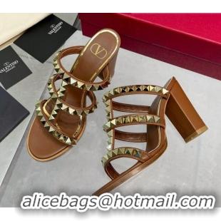 Unique Style Valentino Lambskin Rockstud No Limit Slide Sandals 90MM Heel Brown 0824070