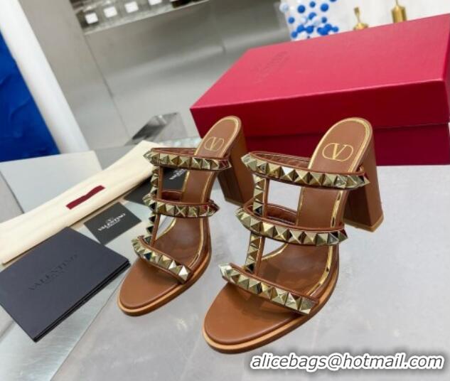 Unique Style Valentino Lambskin Rockstud No Limit Slide Sandals 90MM Heel Brown 0824070