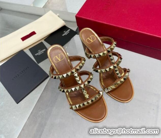 Unique Style Valentino Lambskin Rockstud No Limit Slide Sandals 90MM Heel Brown 0824070