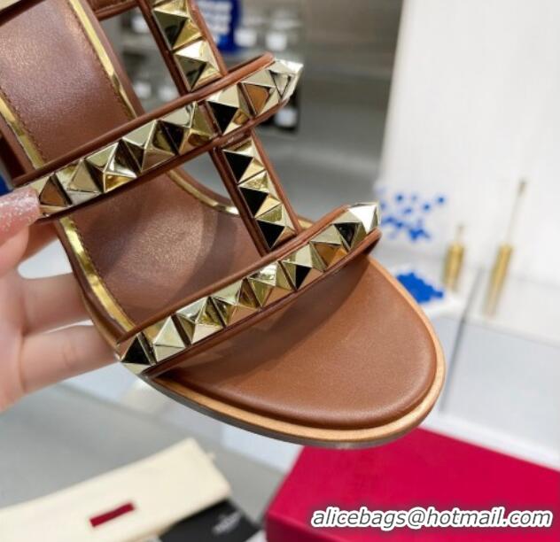 Unique Style Valentino Lambskin Rockstud No Limit Slide Sandals 90MM Heel Brown 0824070