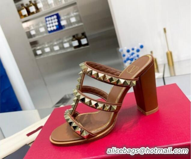 Unique Style Valentino Lambskin Rockstud No Limit Slide Sandals 90MM Heel Brown 0824070