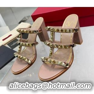 Good Looking Valentino Lambskin Rockstud No Limit Slide Sandals 90MM Heel Nude 0824074