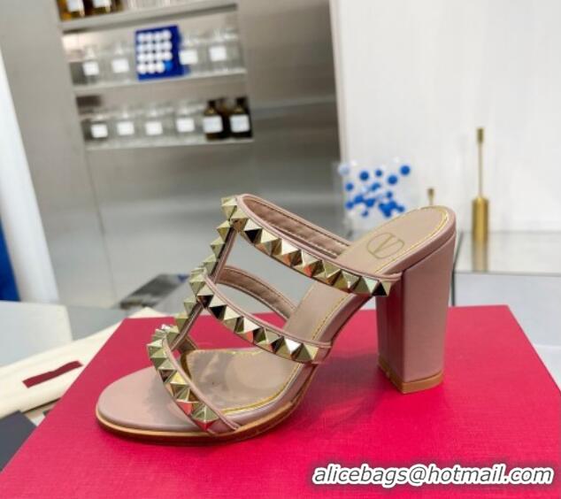 Good Looking Valentino Lambskin Rockstud No Limit Slide Sandals 90MM Heel Nude 0824074