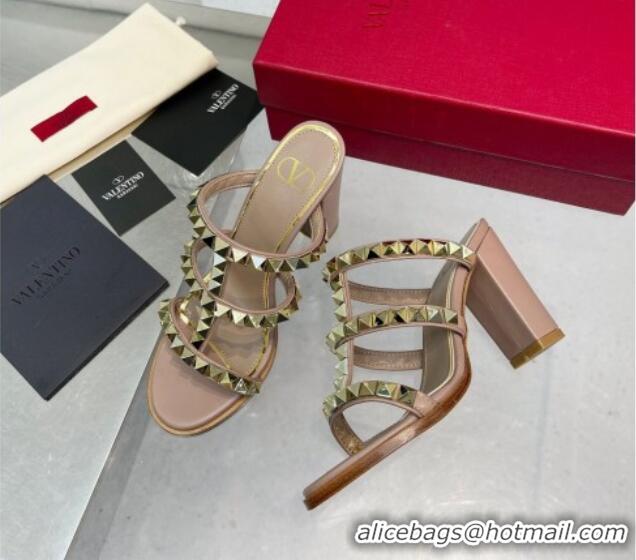 Good Looking Valentino Lambskin Rockstud No Limit Slide Sandals 90MM Heel Nude 0824074