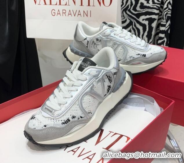 Modern Valentino Lacerunner Lace and Mesh Sneakers White/Silver 090622