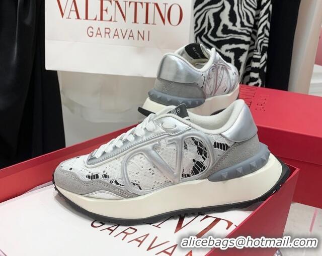 Modern Valentino Lacerunner Lace and Mesh Sneakers White/Silver 090622