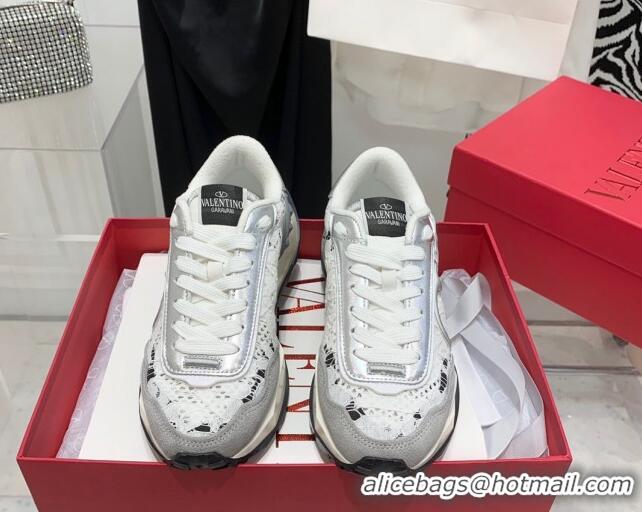 Modern Valentino Lacerunner Lace and Mesh Sneakers White/Silver 090622