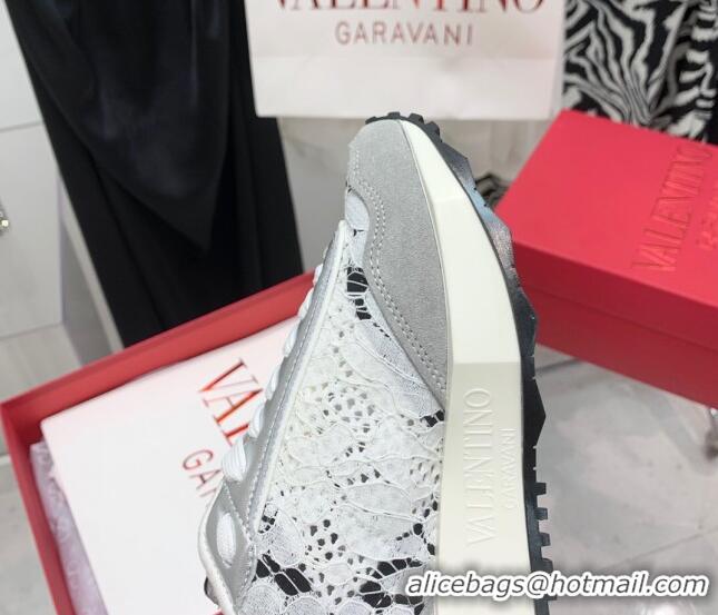 Modern Valentino Lacerunner Lace and Mesh Sneakers White/Silver 090622