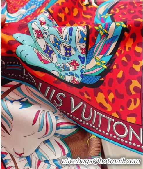 Famous Brand Louis Vuitton Malle Fleurs Silk Square Scarf 90x90cm LVS41317 Red 2022