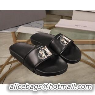 Perfect Balenciaga Cats Print Leather Flat Slide Sandals Black 052490