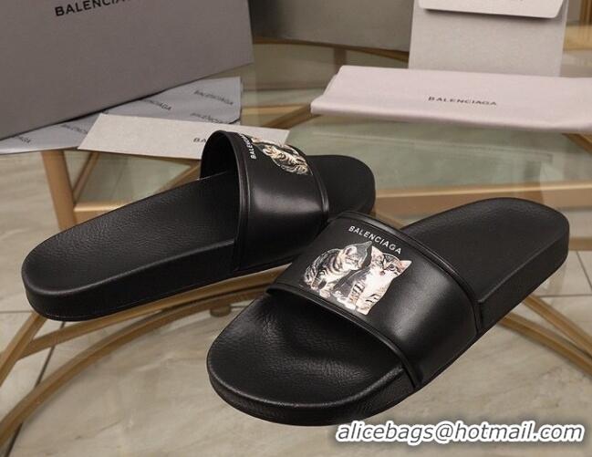 Perfect Balenciaga Cats Print Leather Flat Slide Sandals Black 052490