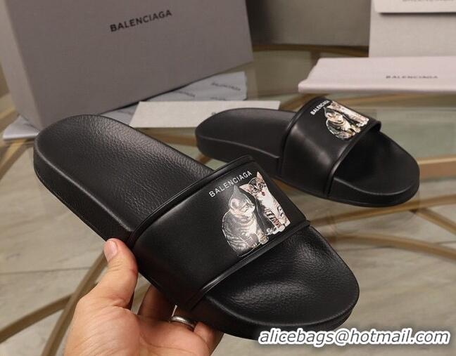 Perfect Balenciaga Cats Print Leather Flat Slide Sandals Black 052490