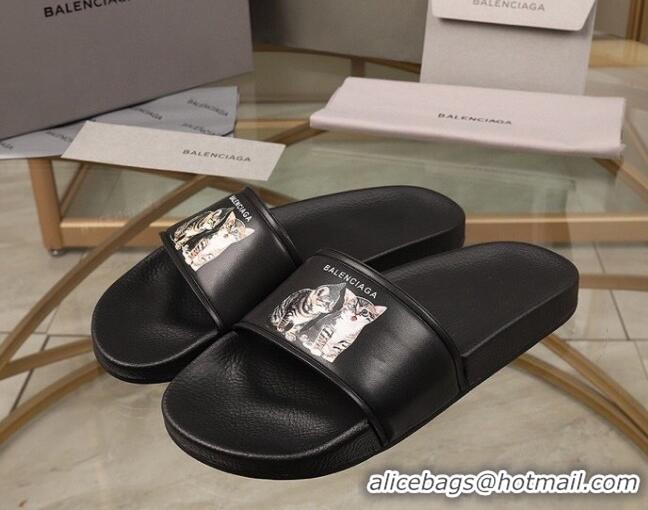 Perfect Balenciaga Cats Print Leather Flat Slide Sandals Black 052490