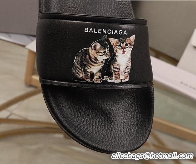 Perfect Balenciaga Cats Print Leather Flat Slide Sandals Black 052490