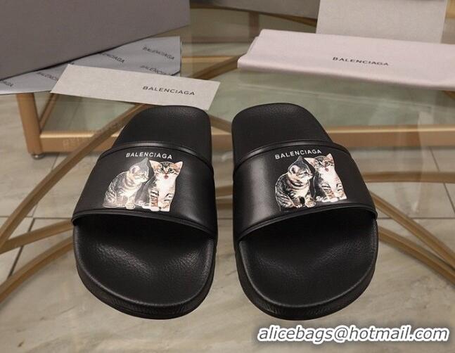 Perfect Balenciaga Cats Print Leather Flat Slide Sandals Black 052490