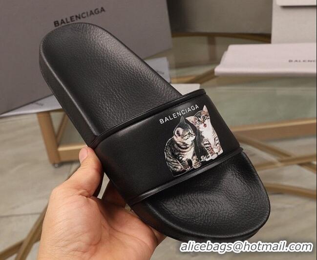 Perfect Balenciaga Cats Print Leather Flat Slide Sandals Black 052490