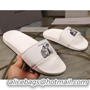 Sophisticated Balenciaga Cats Print Leather Flat Slide Sandals White 052491