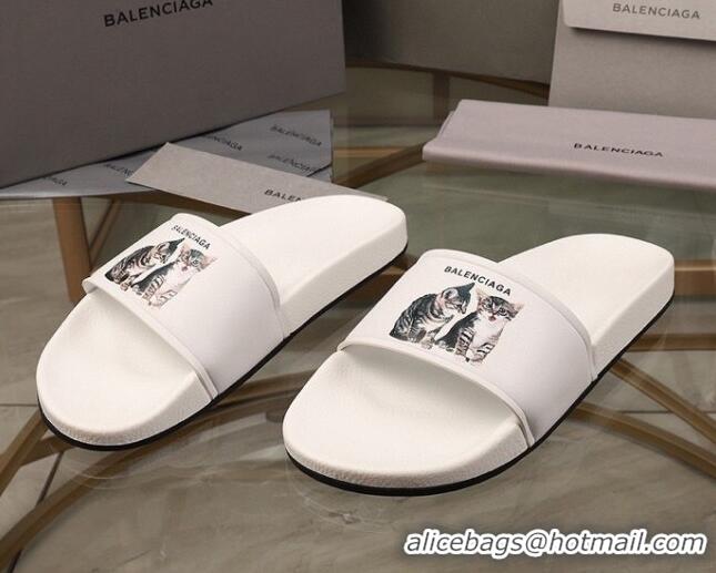 Sophisticated Balenciaga Cats Print Leather Flat Slide Sandals White 052491