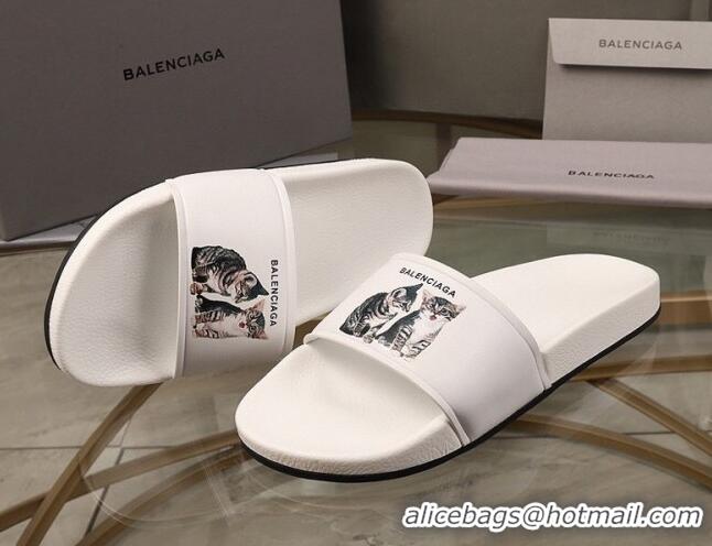 Sophisticated Balenciaga Cats Print Leather Flat Slide Sandals White 052491