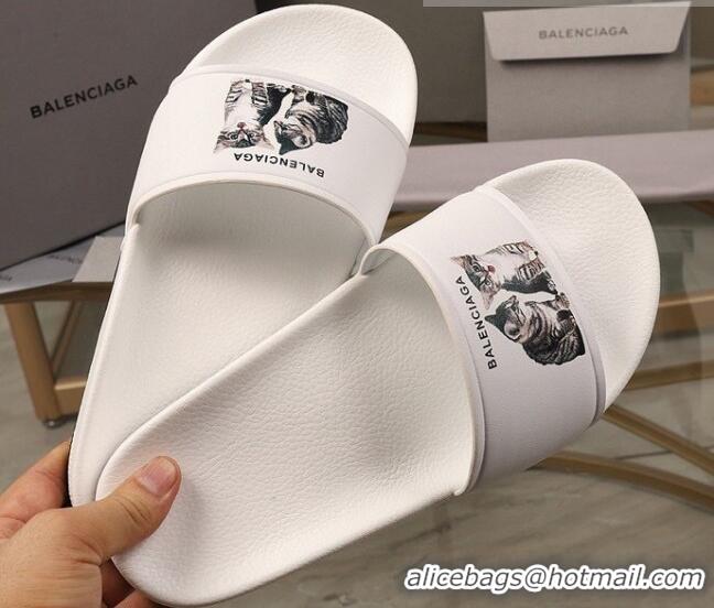 Sophisticated Balenciaga Cats Print Leather Flat Slide Sandals White 052491