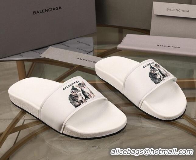 Sophisticated Balenciaga Cats Print Leather Flat Slide Sandals White 052491