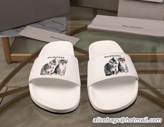 Sophisticated Balenciaga Cats Print Leather Flat Slide Sandals White 052491