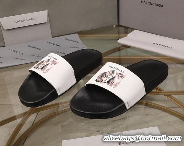 Sumptuous Balenciaga Cats Print Leather Flat Slide Sandals Black/White 052492