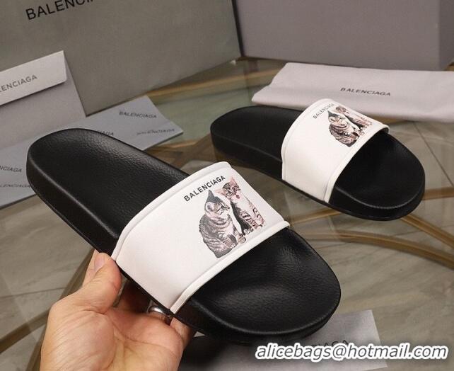 Sumptuous Balenciaga Cats Print Leather Flat Slide Sandals Black/White 052492