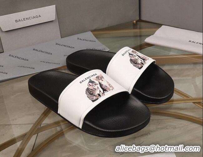 Sumptuous Balenciaga Cats Print Leather Flat Slide Sandals Black/White 052492