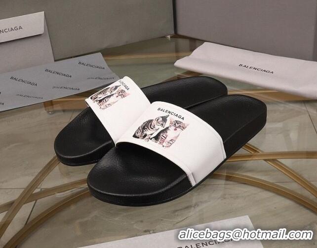 Sumptuous Balenciaga Cats Print Leather Flat Slide Sandals Black/White 052492