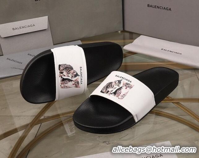 Sumptuous Balenciaga Cats Print Leather Flat Slide Sandals Black/White 052492