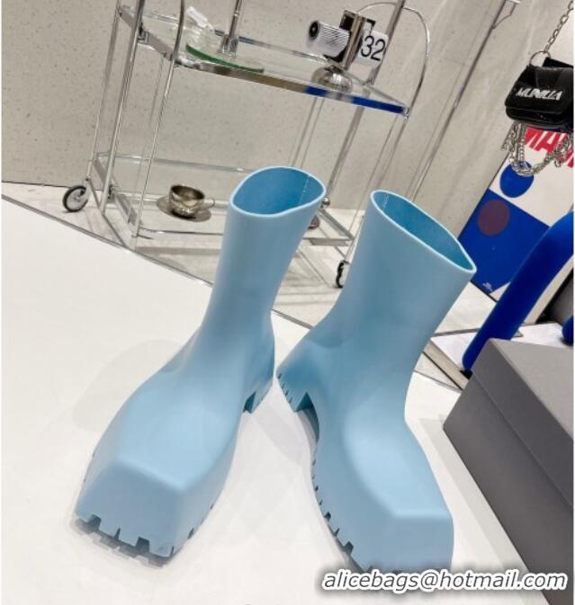 Luxury Balenciaga Trooper Rubber Rain Boots with Square Toe Light Blue 0620147