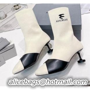 Charming Balenciaga Sock 50mm Ankle Boot in Black Calfskin and Knit Cream White 072004