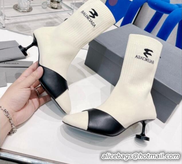 Charming Balenciaga Sock 50mm Ankle Boot in Black Calfskin and Knit Cream White 072004