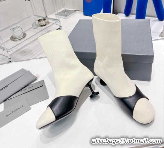 Charming Balenciaga Sock 50mm Ankle Boot in Black Calfskin and Knit Cream White 072004