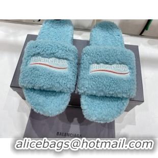 Perfect Balenciaga Fur Signature Flat Slide Sandals Blue 072101