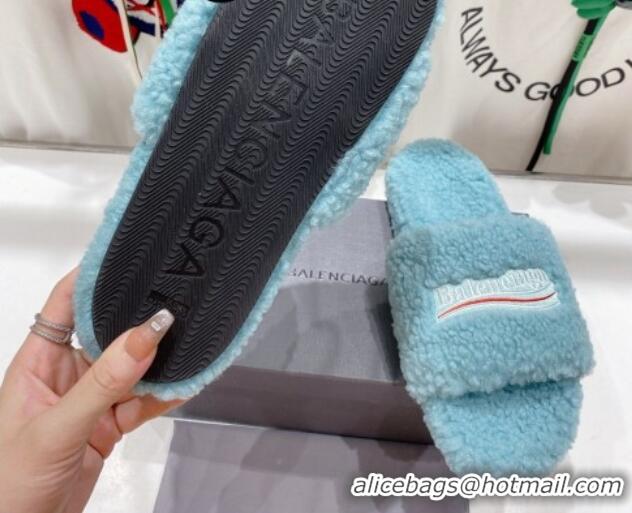 Perfect Balenciaga Fur Signature Flat Slide Sandals Blue 072101