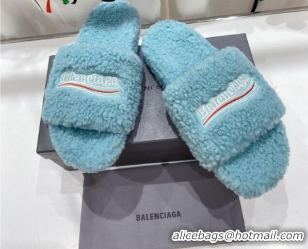 Perfect Balenciaga Fur Signature Flat Slide Sandals Blue 072101