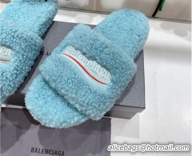 Perfect Balenciaga Fur Signature Flat Slide Sandals Blue 072101