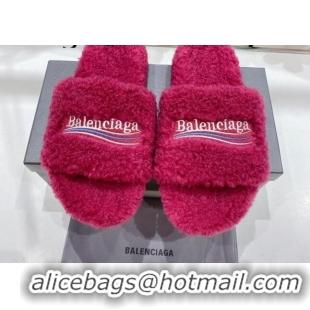 Unique Style Balenciaga Fur Signature Flat Slide Sandals Fuchsia Pink 072102