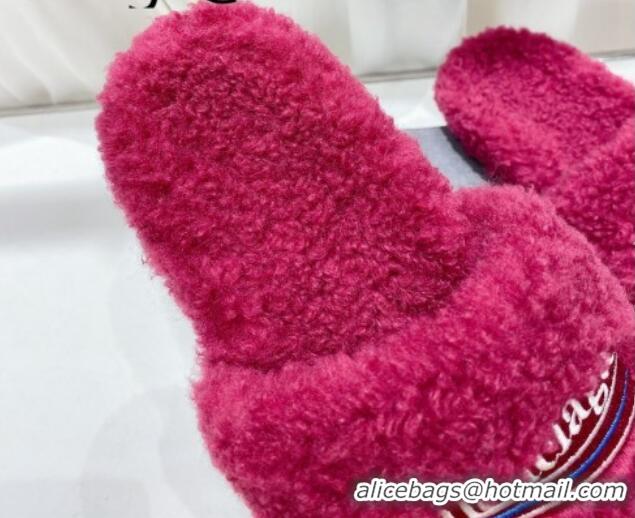 Unique Style Balenciaga Fur Signature Flat Slide Sandals Fuchsia Pink 072102