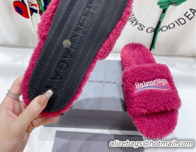 Unique Style Balenciaga Fur Signature Flat Slide Sandals Fuchsia Pink 072102