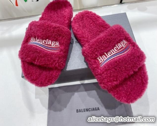 Unique Style Balenciaga Fur Signature Flat Slide Sandals Fuchsia Pink 072102