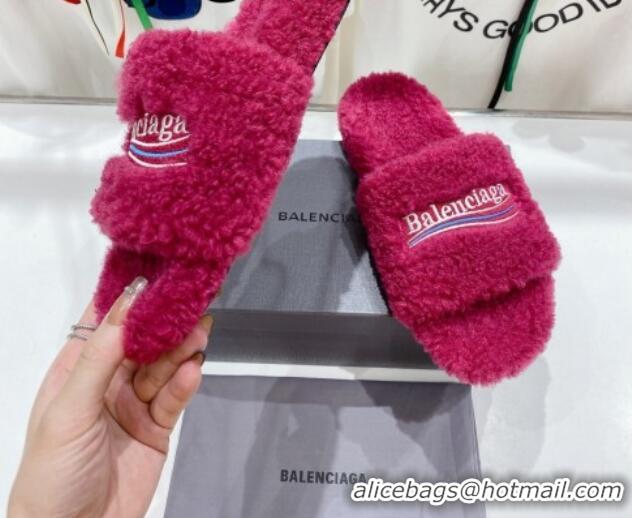 Unique Style Balenciaga Fur Signature Flat Slide Sandals Fuchsia Pink 072102