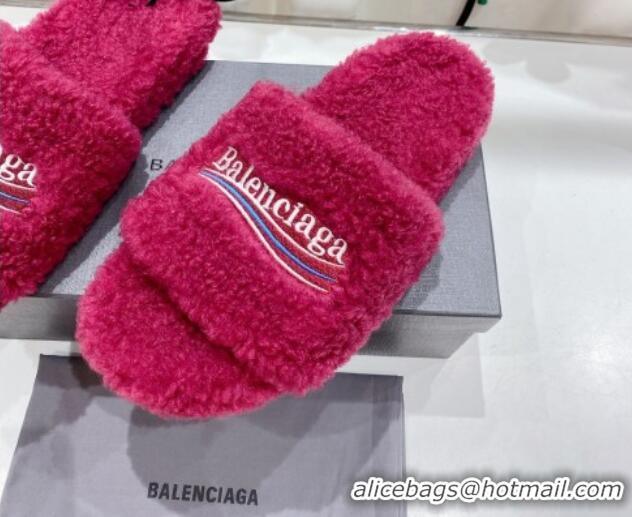 Unique Style Balenciaga Fur Signature Flat Slide Sandals Fuchsia Pink 072102