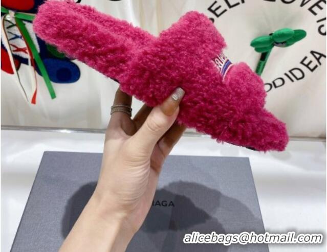 Unique Style Balenciaga Fur Signature Flat Slide Sandals Fuchsia Pink 072102