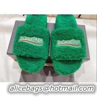 Best Price Balenciaga Fur Signature Flat Slide Sandals Green 072103