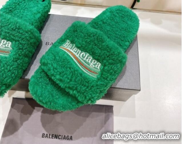 Best Price Balenciaga Fur Signature Flat Slide Sandals Green 072103