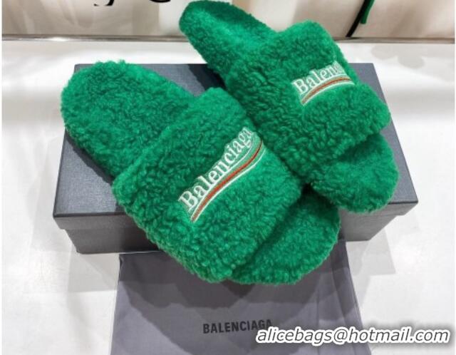 Best Price Balenciaga Fur Signature Flat Slide Sandals Green 072103